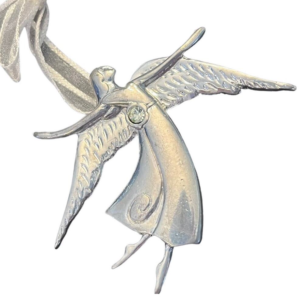 Pewter Angel Birthstone Brooch Pin Ornament 3" Pendant August Peridot Crystal